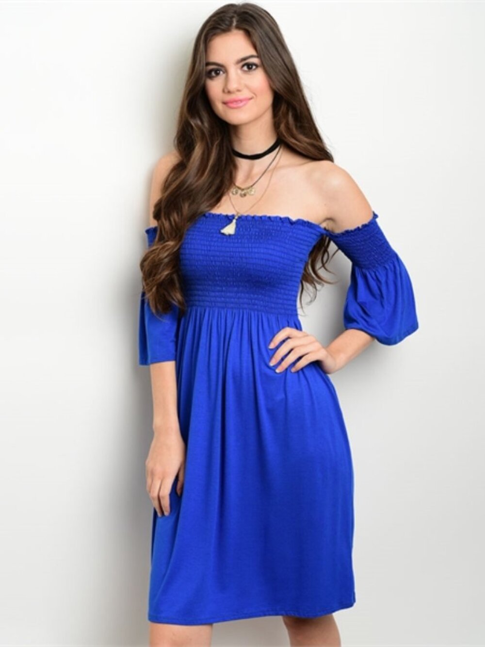 Smocked Dress Women Bodice Off-The-Shoulder Bell Sleeve Knee Length Casual, Blue
